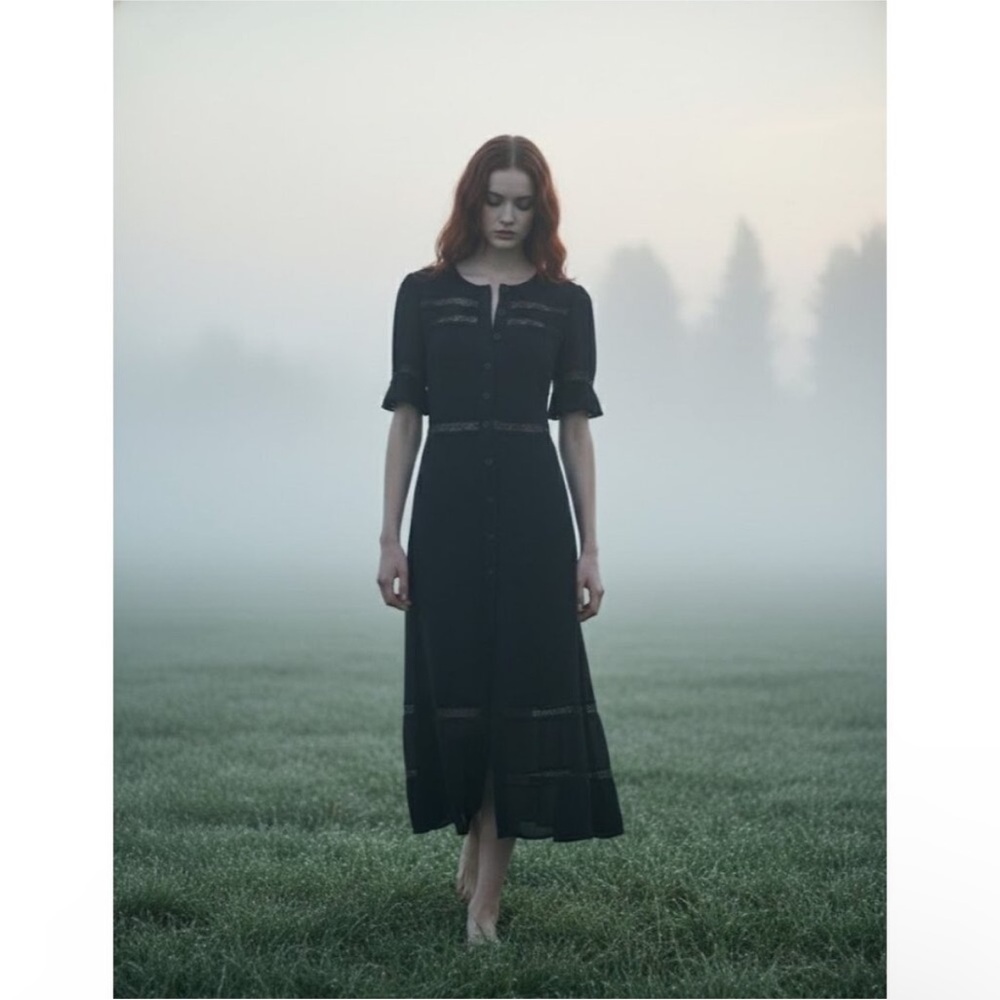 Reformation sz 2 Woodson in Black Lace Trim Midi Button Down Dress